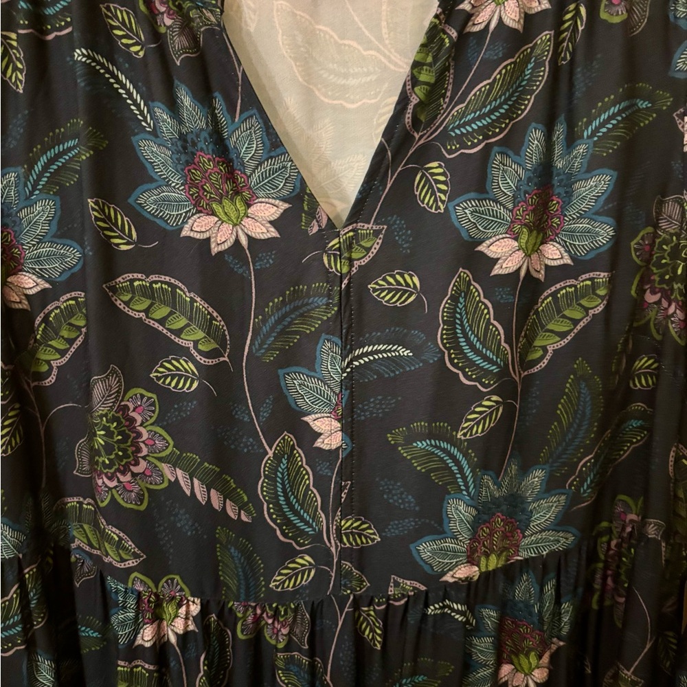 FINAL SALE $10 J Jill Teal Floral V-Neck Midi Dress Size Small - Modest, Spring - Picture 4 of 8